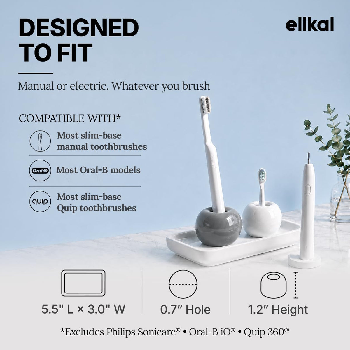 ELIKAI Ceramic Toothbrush Holders with Bathroom Tray, Countertop Organizer for Toothbrushes and Accessories, Hygienic Individual Holder Set (Grey & White, 2 Holders)
