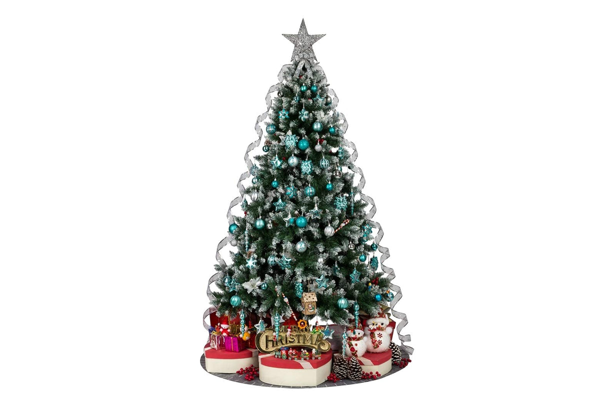 AUXO-FUN 73ct Assorted shatterproof Christmas Ornaments Luxury Collection Set in Reusable Hand-held Gift Package for Christmas Tree Decoration (Turquoise & Silver)