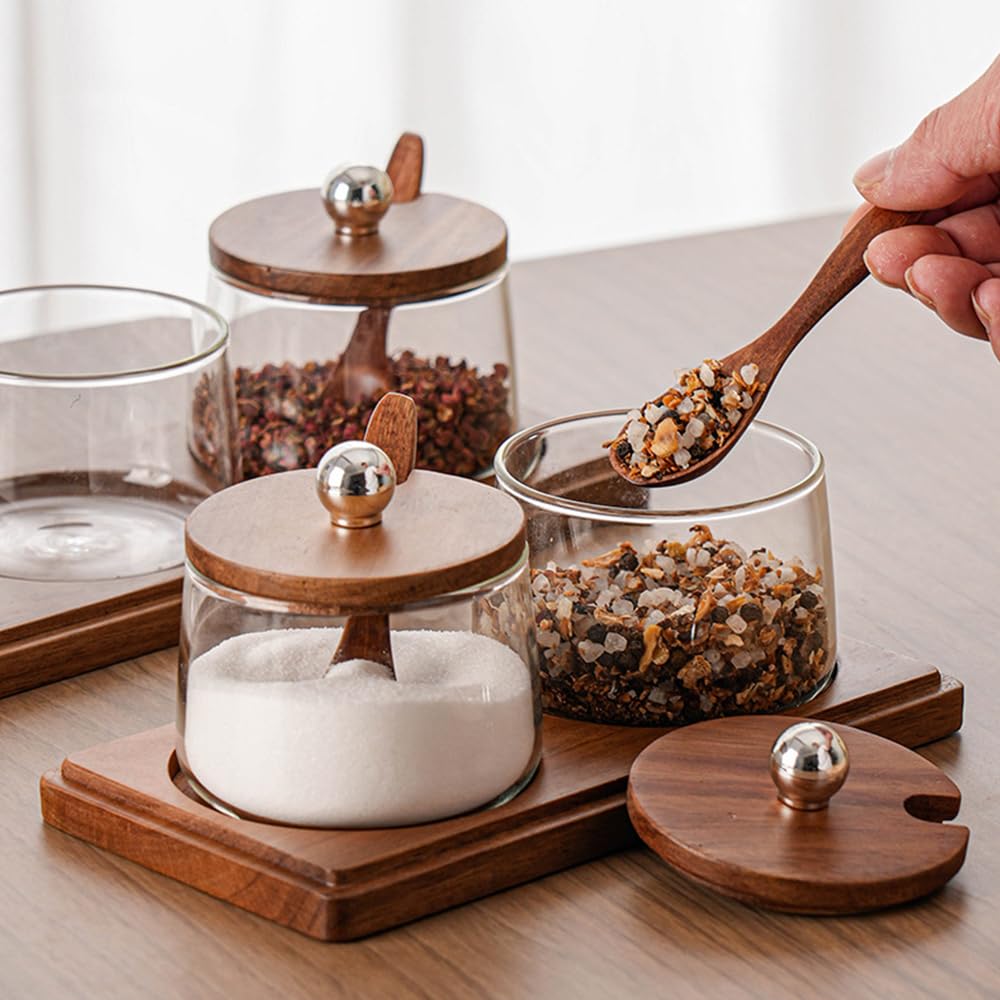 Condiment Containers Set with Acacia Wood Lids and Tray Seasoning Box Condiment Pots Jars with Spoons for Spice Salt Sugar Cruet (Silver Top, 3 Jars with Tray)