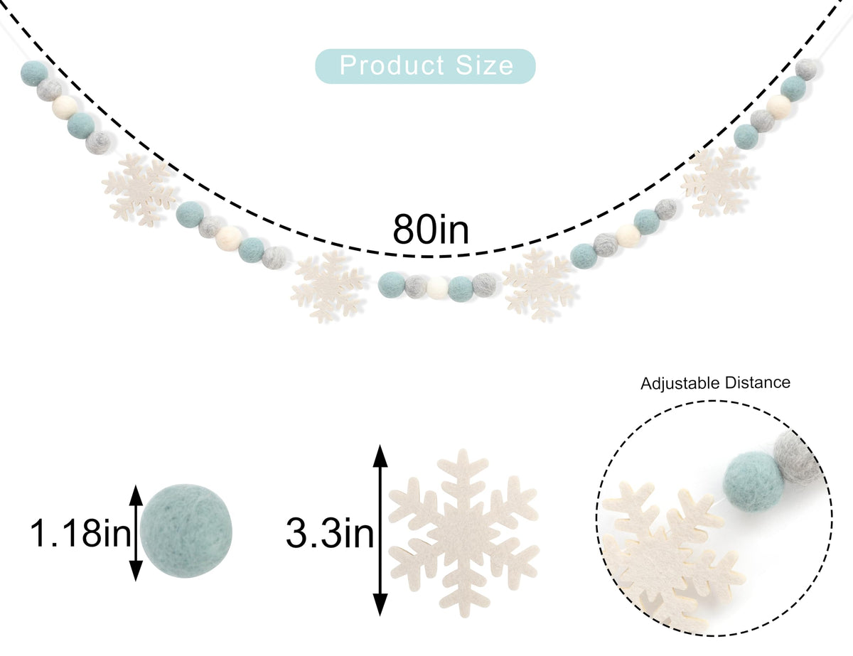 Snowflake Felt Ball Garland - Winter Birthday Home Decorations,Frozen Snowflake Garland Photo Props,Winter Wonderland Felt Ball Banner,Felt Snowflake Mantel Wall Hanging Decoration