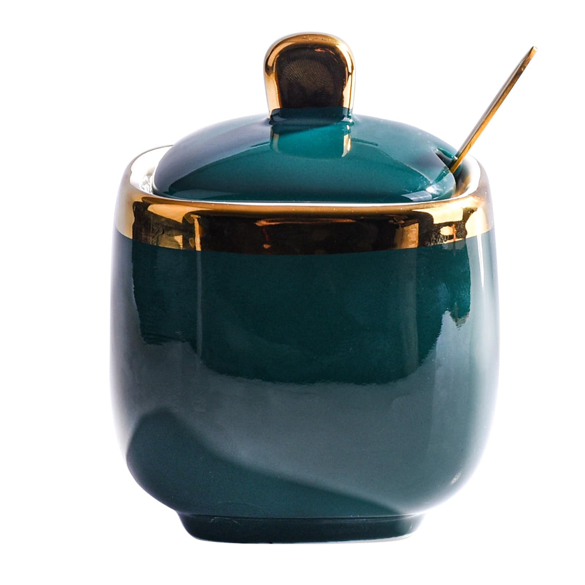 Cerficer Ceramic Sugar Bowl with Lid and Spoon - Emerald Green Golden Trim Porcelain Condiment Jar, Decorative Canister for sauce, Salt, Coffee, Tea, Kitchen Counter & Dining Table