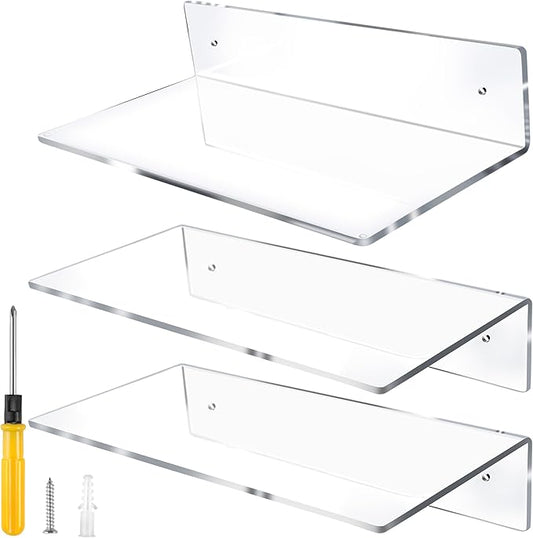 Jansburg 12 Inch L-Shaped Acrylic Floating Shelf Clear Wall Mounted Shelves