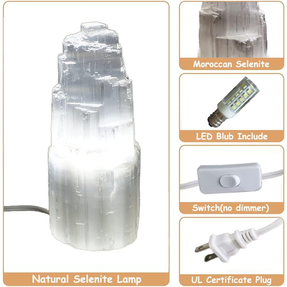 JIC Gem Natural Selenite Lamp 8" White Selenite Crystal Rock Tower Lamp with Switch Cord and LED Bulb