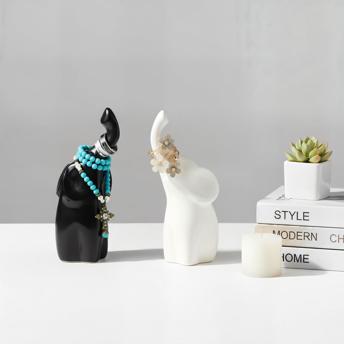 ZFQGEGE Ceramic Elephant Statue Decor - 6" Black & White Elephant Ring Holder Figurines for Living Room, Bedroom, Office Shelf - Valentine's Wedding Gift Ornaments, Anniversary Home Décor Accents