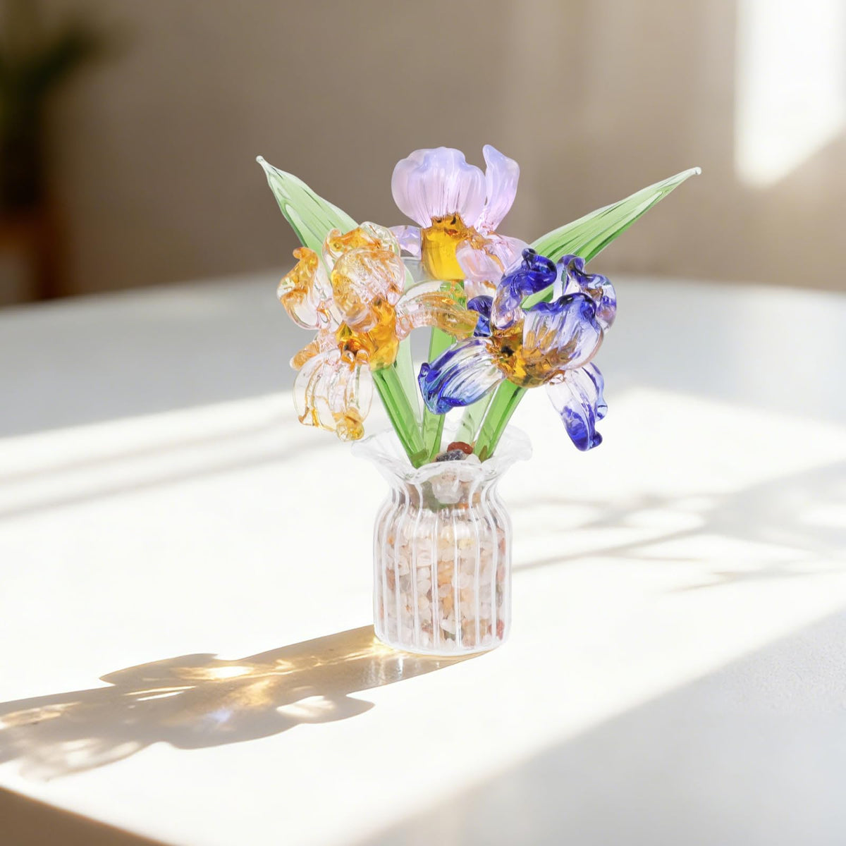 Lovmeety Mini Glass Flowers with Vase, Handmade Crystal Flowers Decor Iris Flower Arrangements Glass Flower Bouquet for Home Office Shelf Table Centerpiece Gift for Women