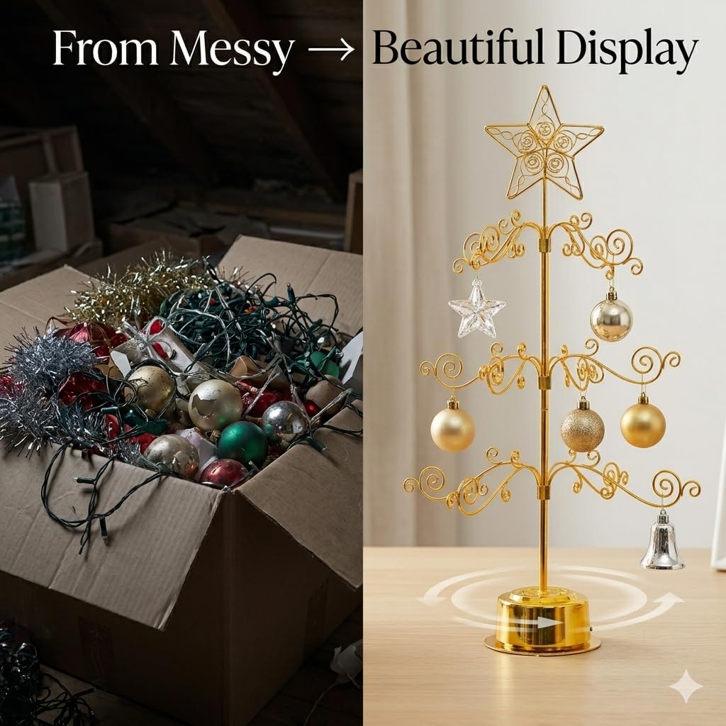 HOHIYA 24” Rotating Ornament Display Tree Stand 36 Hooks Metal Tabletop Display Rack for Christmas Ornaments Halloween Decor Craft Show Display Heavy Duty Brass Gold