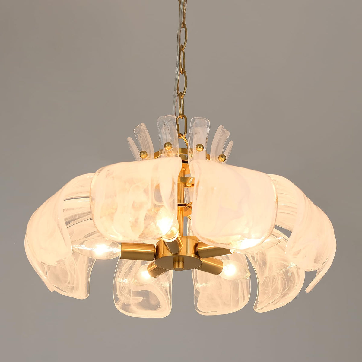Wrlmfy Hammered Alabaster Glass Chandelier, 18" Hand-Blown Glass Pendant Brass Gold Hanging Lighting Fixture for Kitchen Island Dining Living Room Entryway, E12 Base (Gold & White Hammered Glass)