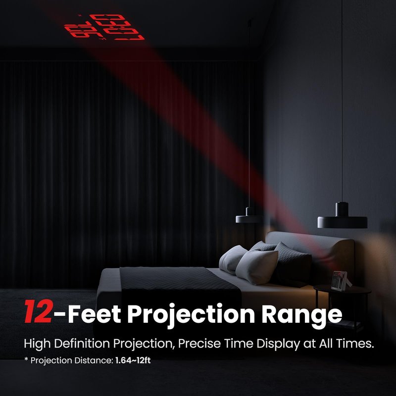 Newentor Projection Alarm Clock, Projection Clock for Bedroom Ceiling, Weather Station Thermometer with Projector Indoor Outdoor TEM&Hum, Forecast, Adjustable Backlight, Black with Red Projector