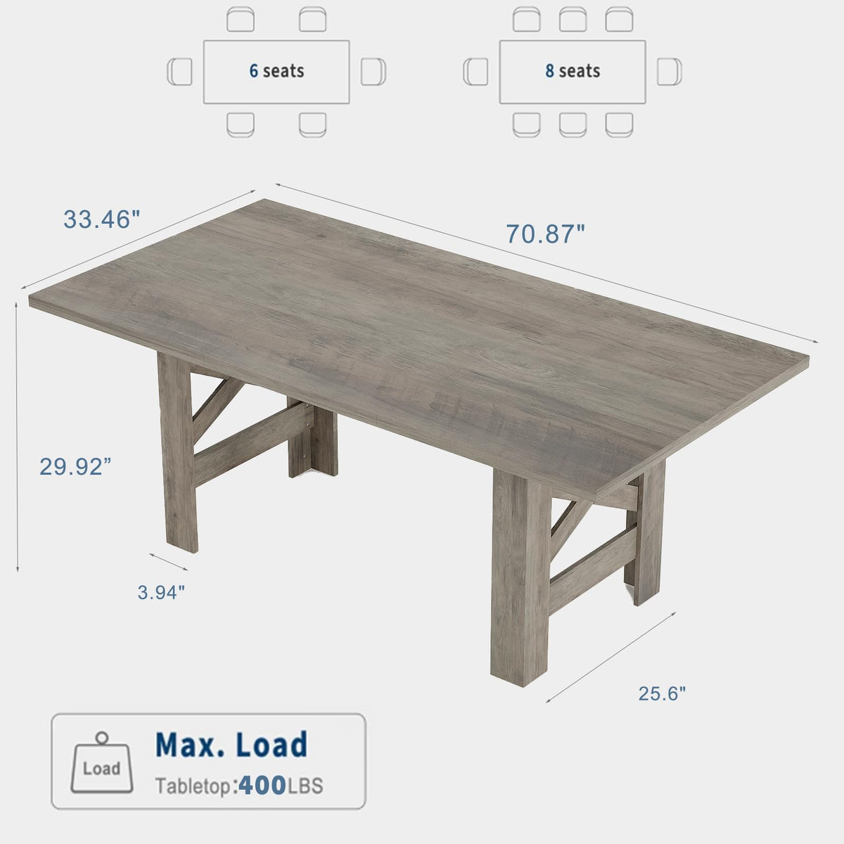 Garvee Wood Farmhouse Dining Table for 6-8, Heavy Duty Large Kitchen Table, 70.87" Long Rectangular Dining Room Tables with Strong Legs, Thickness Tabletop, for Big Family, Dinette, Rustic Gray