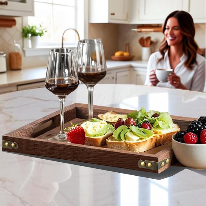 Serving Tray with Handles, 15.8"x 11" Wood Decorative Tray