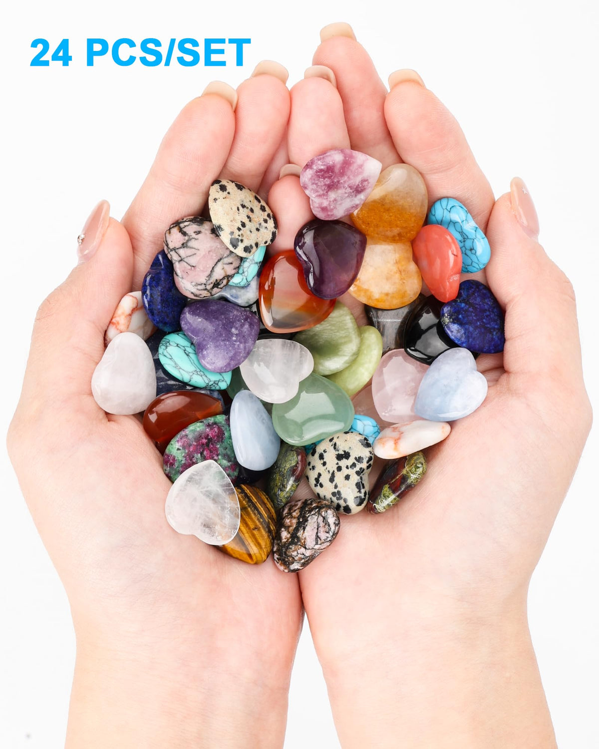 lulir 24 Pcs Natural Heart Crystals Healing Stones Set - 0.8" Pocket Reiki Gemstones for Meditation, Mini Heart Shaped Worry Stones for Anxiety, Chakra Energy Stone Bulk, Valentine's Day Gift
