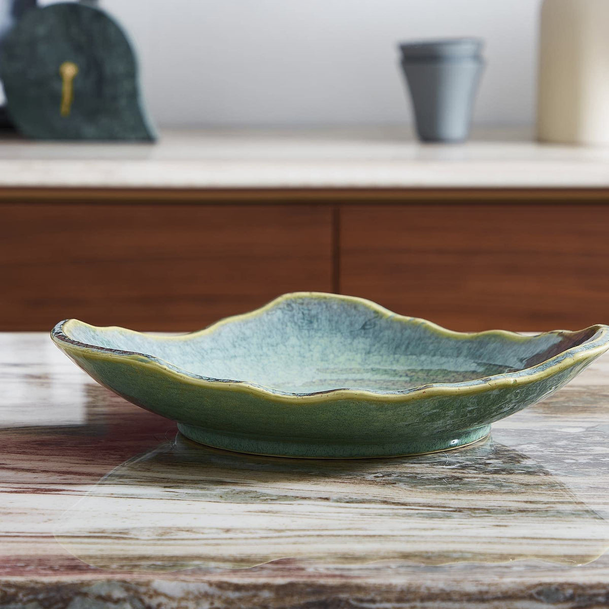 VOMANA Large Ceramic Decorative Bowl, 12" Green Reactive Glaze Centerpiece Bowl, Modern Coffee Table Decor, Entryway Catchall Key Bowl, Decorative Fruit Bowl for Dining Table Living Room (12'')
