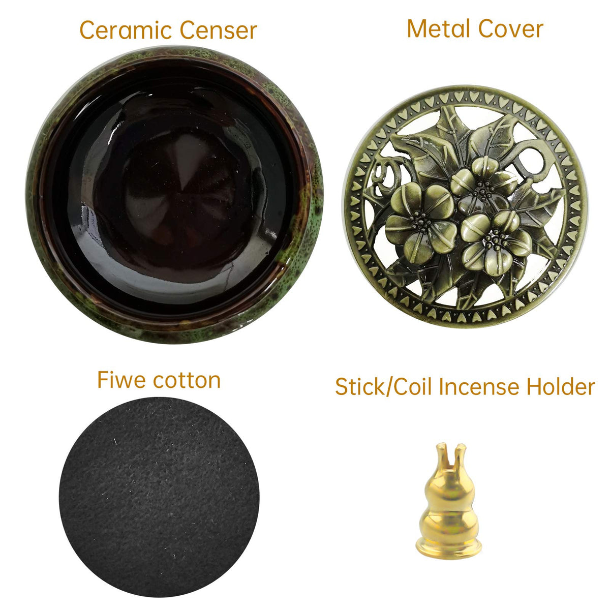 Ceramic Incense Burner with Calabash Incense Holder, 3 in 1 Stick or Cone Coil Incense Burner, Brass Lid for Yoga Spa Meditation