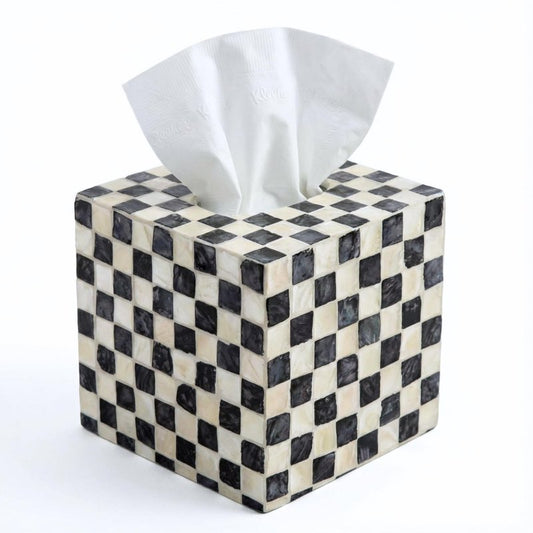 Mother of Pearl Tissue Box Cover, Decorative Tissue Box Holder Square Fits Kleenex & Puffs Tissue Box Cube for Coffee Table, Living Room, Kitchen & Dining Room (Checkerboard)