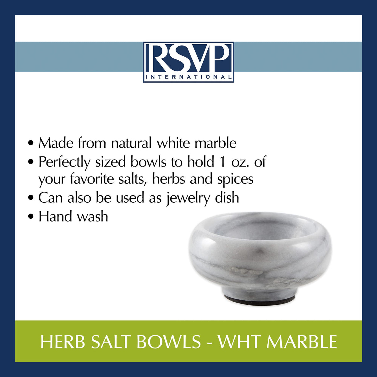 RSVP International Herb & Salt Containers for Countertop Polished Marble Dish/Bowl, 2.75" Diameter x 1.5", Natural White