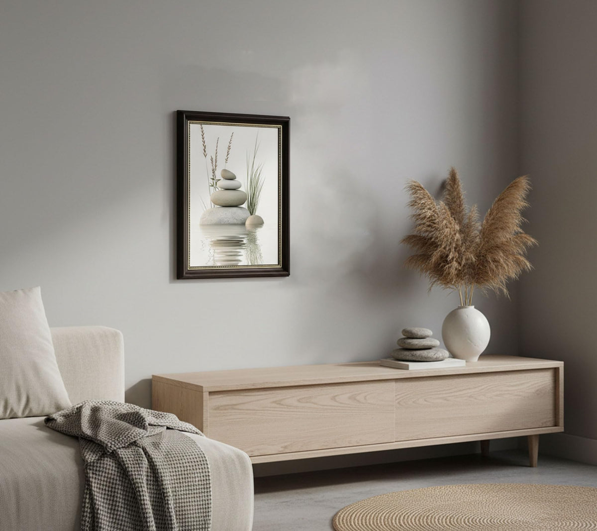 Dark Brown Framed Zen Stone Canvas Wall Art, Stacked Stones in Water Poster Print Artwork, Black White Bathroom Painting Picture Wall Decor, for Spa, Yoga, Meditation Room, Home Decoration, 12x16in