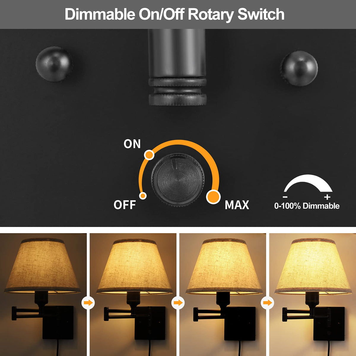 TRLIFE Wall Sconce Plug in, Dimmable Wall Sconces Set of Two Swing Arm Wall Lights with Plug in Cord and On/Off Dimmer Rotary Switch, 9.4" Medium Beige Fabric Shade(2 Pack, 2 Bulbs)
