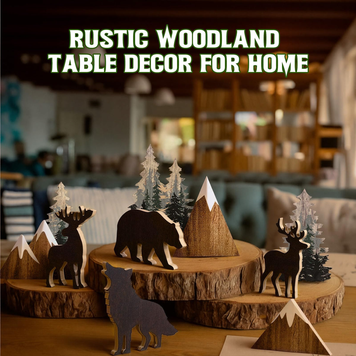 DoubleFill 10 Pcs Cabin Shelf Decor Wooden Forest Animals Bear Mountain Pine Tree Sign Rustic Woodland Decor for Cabin Farmhouse Table Centerpiece Home Office Decoration