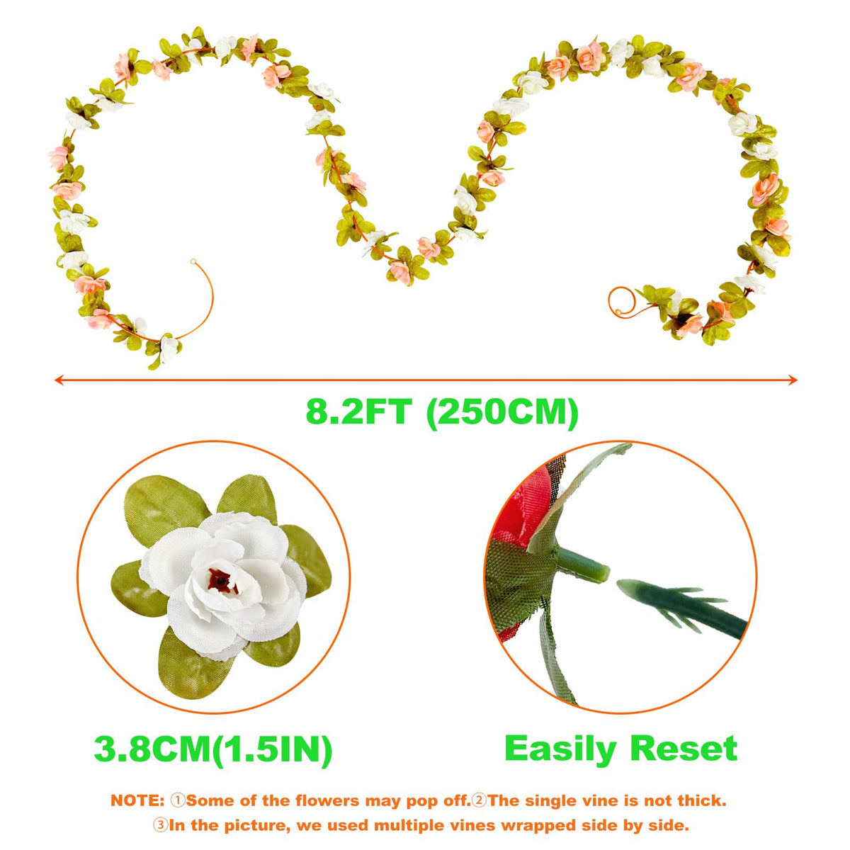 PONKING 8 Pcs x 8.2 ft Flower Garland Artificial Rose Vine Flowers with Green Leaves Hanging Fake Roses Vine for Room Party Home Wedding Birthday Christmas Wall Arch Decor, Spring Magenta Flower