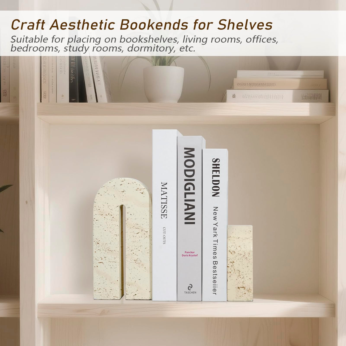 BOHDK Book Ends for Shelves, Resin Heavy Duty Decorative Bookends, Retro Arch Book Holder for Heavy Books, Imitation Travertine Book Stopper for Home Decor, Study, Bookshelf, Desktop, Set of Two