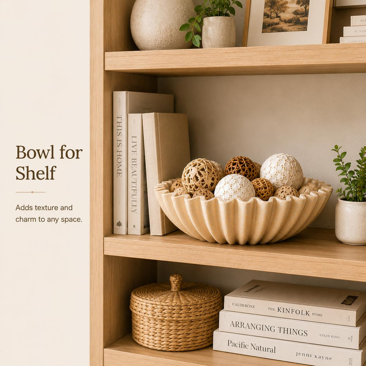 LIN CHUAN Ruffle Decorative Bowl, Large Fruit Bowl for Kitchen Counter, Stylish Key Bowl for Entry Table, Handcrafted Home Decor Display bowl, Artificial Stone Beige