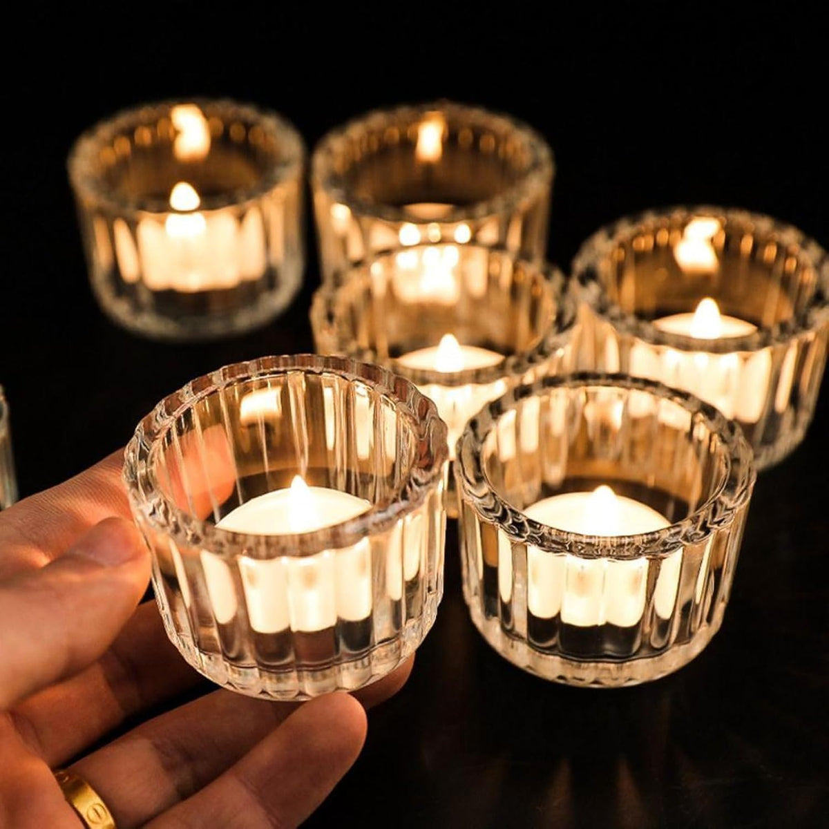 Filltown Clear Tea Light Candle Holders Set of 12, 5cm x 3.5cm Glass Tea Light Holders for Table Centerpiece, Mini Votive Candle Holders for Weddings, Birthday Parties, Home Decor, Table Decor