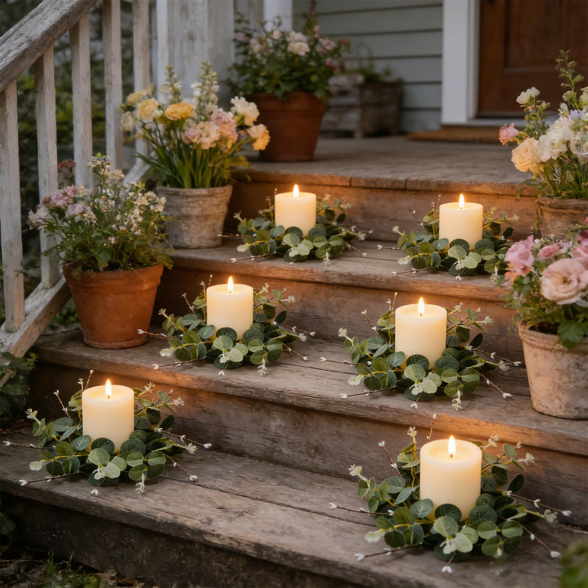 4 Pcs Small Spring Summer Candle Ring Wreaths with Artificial Eucalyptus Greenery White Buds Branches Mini Pillar Candle Holder Wreath for Home Table Centerpieces Kitchen Wedding Farmhouse Party Decor