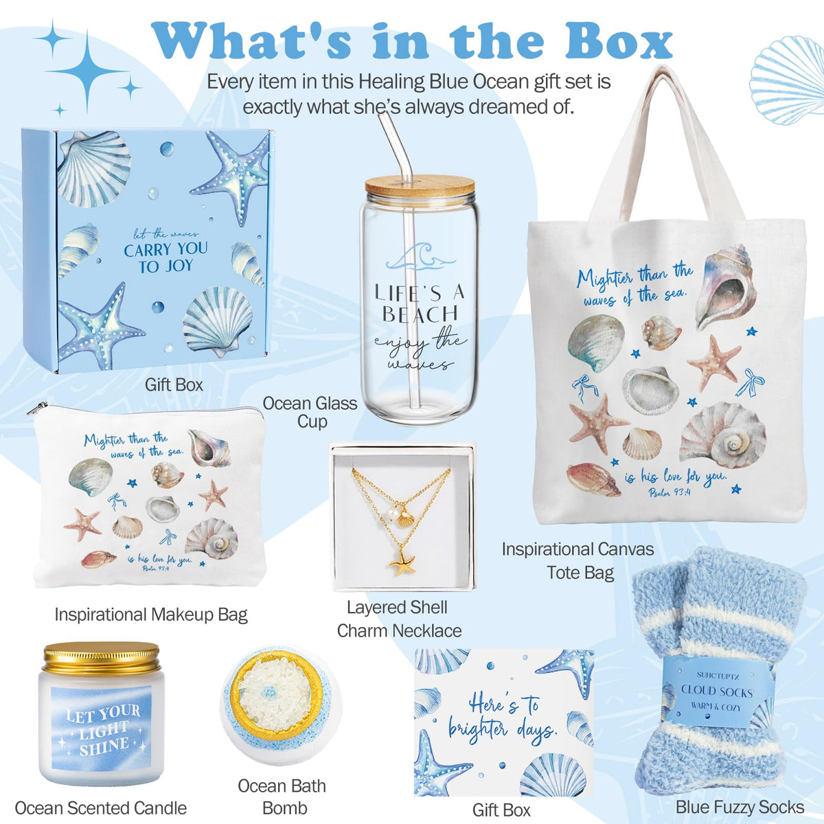 Gifts for Women, 8pcs Ocean Happy Birthday Gifts for Women, Christmas Ideas Inspirational Get Well Soon Gift Baskets Mothers Day Box w/Seashell Tote Bag for Her Mom Sister Friend Friendship
