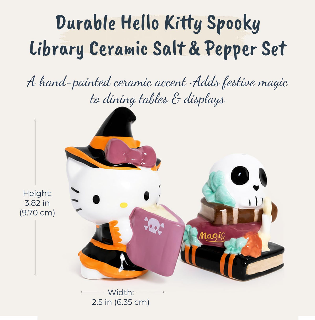 Blue Sky Clayworks Hello Kitty Spooky Library Salt & Pepper Shaker Set, Ceramic, 6" L x 3" W x 4" H, Witchy Bookish Duo