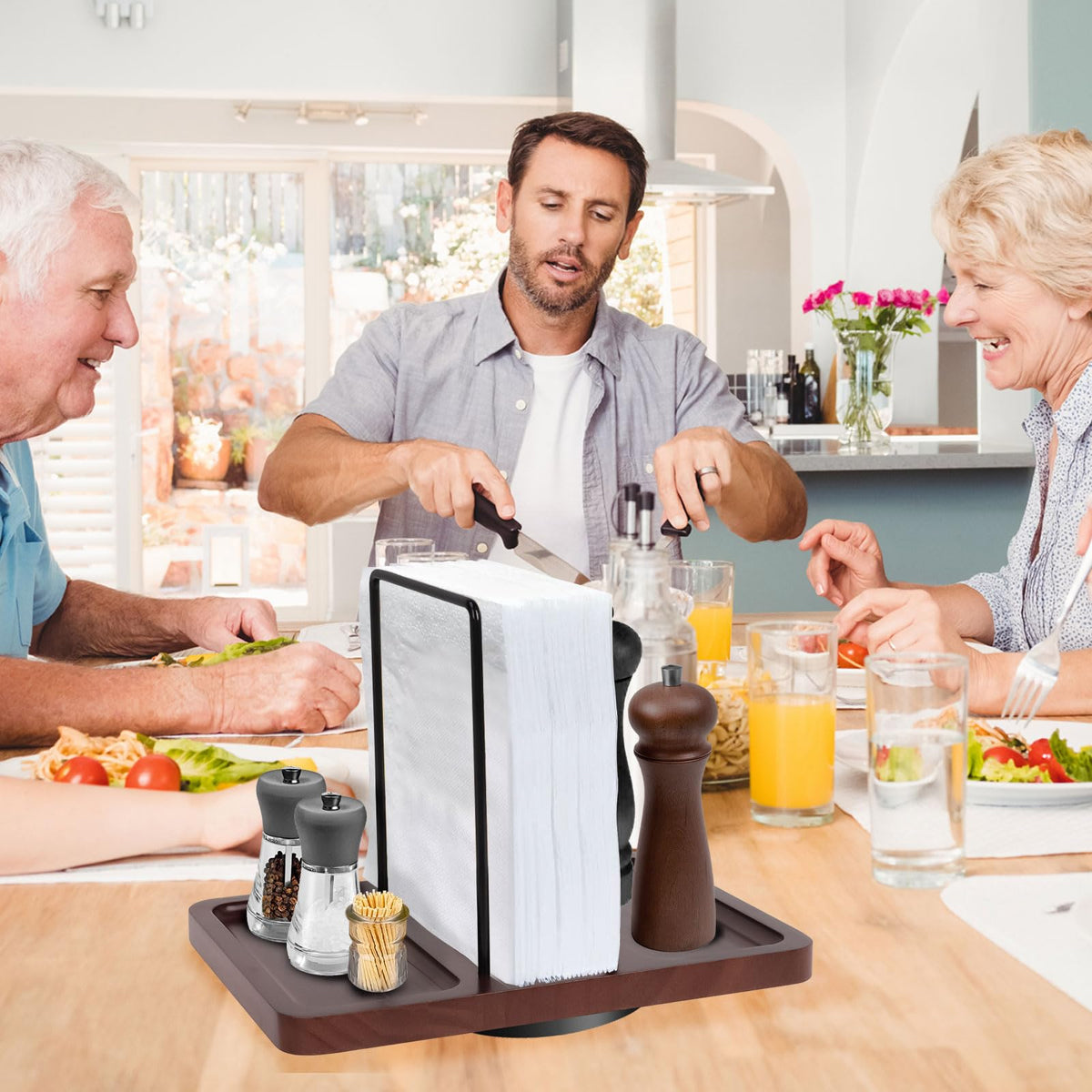 2 in 1 Napkin Holder for Table, Rotating Metal Napkin Dispenser with Salt and Pepper Shakers Caddy Standing Paper Towel Holder for Kitchen Dinner Table and Picnic Decors,Not Including Shakers