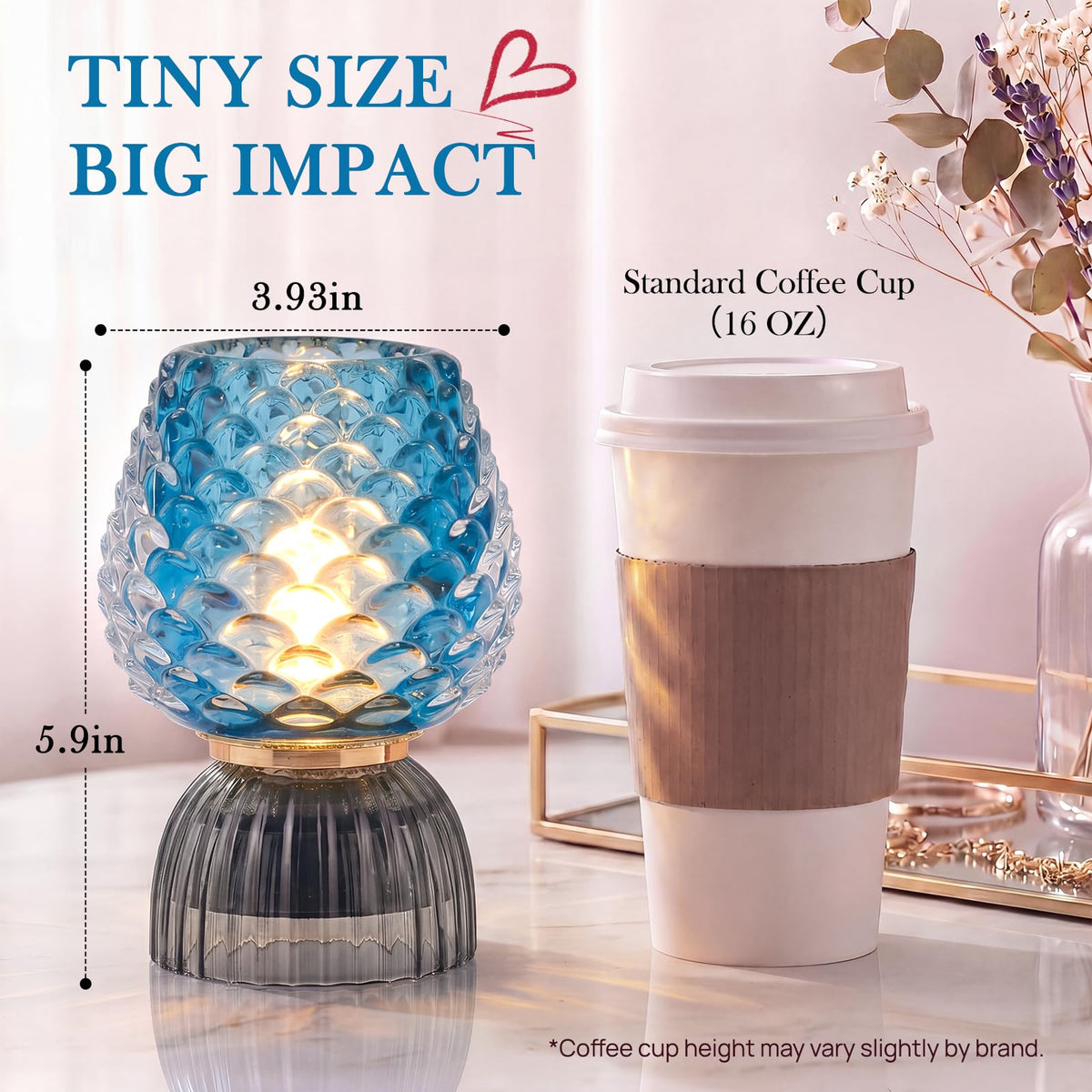 SisiHokai Battery Operated Lamp with Timer, Cute Small Cordless Glass Table Lamp for Home Decor, Kitchen, Bathroom, Birthday Gift for Women, Pinecone, Blue