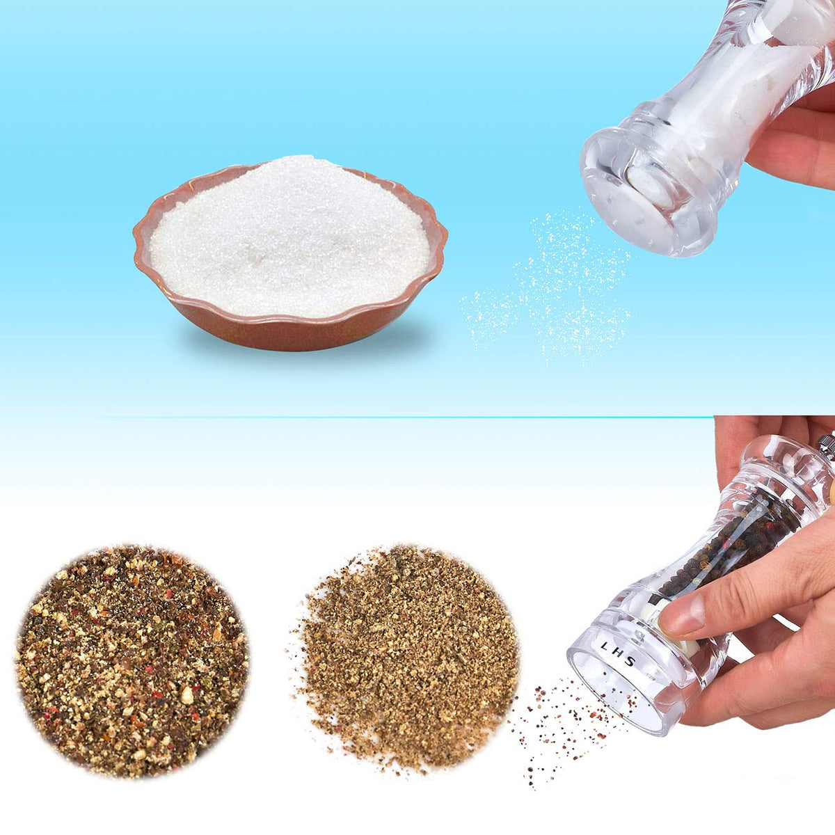 LHS Pepper Mill and Salt Shaker Set of 2 Salt and Pepper Mill Shaker with Adjustable Coarseness-Clear