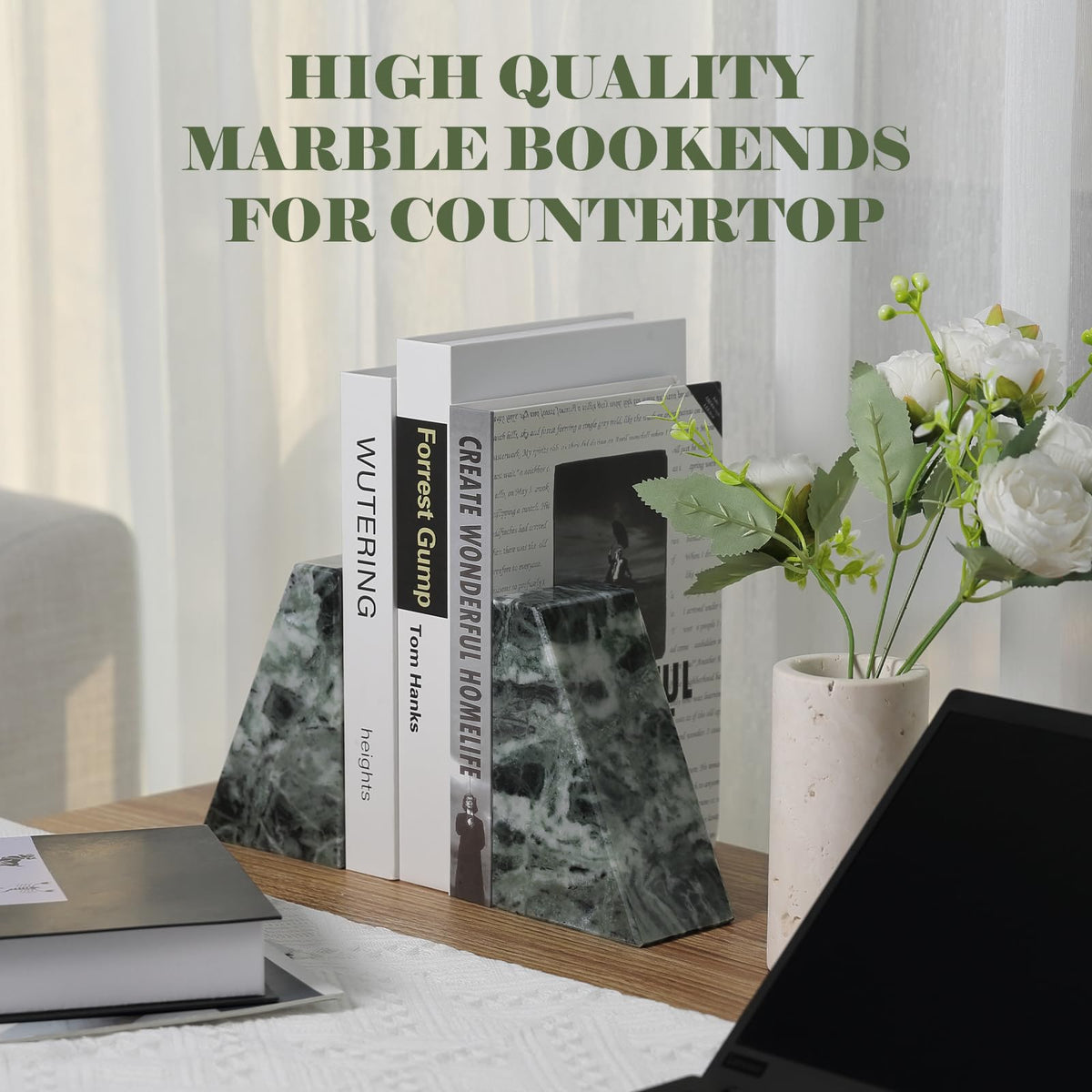 Karibiber Marble Bookends for Heavy Books, Decorative Bookends for Shelves, Green Stone Book Ends, Heavy-Duty Book Ends for Hardback Book & Cookbooks, Unique Book Stopper & Holder, Set of 2