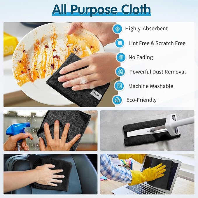 FIXSMITH Black Microfiber Cleaning Cloth -Pack of 24, Highly Absorbent Cleaning