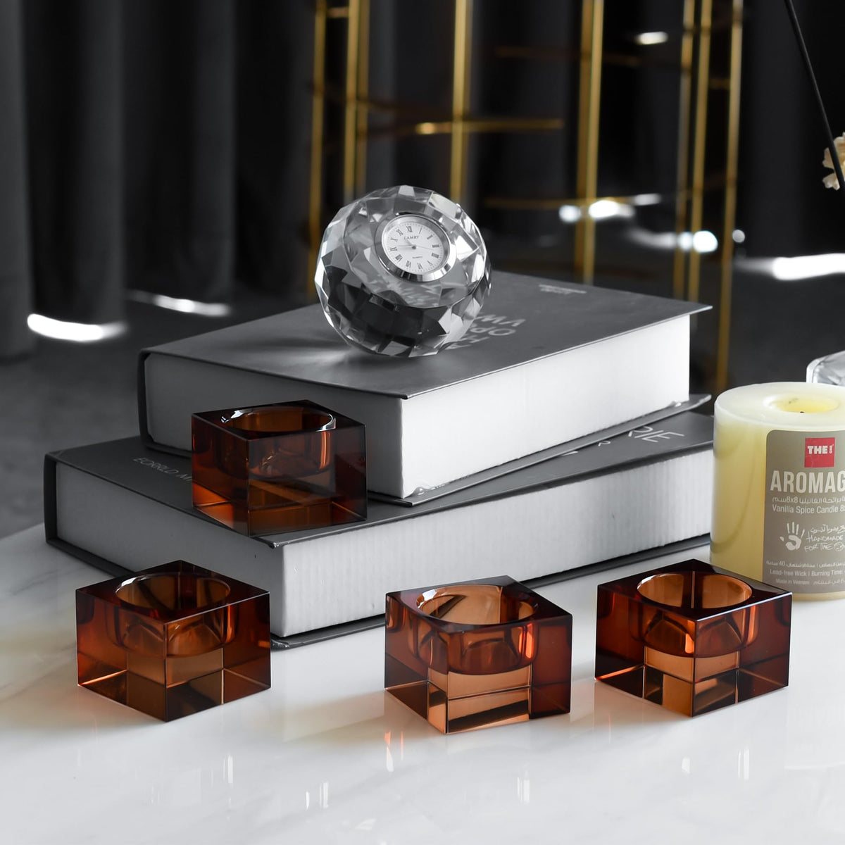 DONOUCLS Home Crystal Tealight Candle Holders Pack of 4, 1.5 Inches Height, Heavy Solid Square Hand Cut Tealight Holders Sets, Centerpiece for Home Decor(Brown)