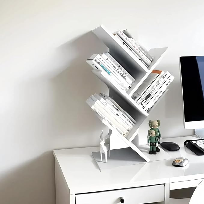 Godferyxin Small Bookcase for Desk Decor, 5-Tier White Wood Small Bookshelf –