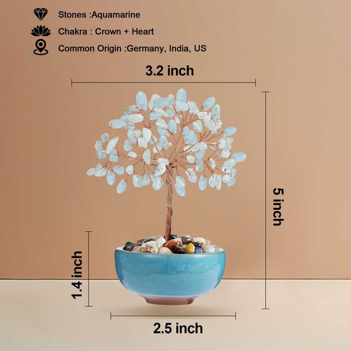 Handcrafted Aquamarine Abundance Tree with Ceramic Base,5 Inch Natural Crystal Feng Shui Bonsai for Prosperity,Harmony & Energy Flow,Premium Healing Stone Decor for Home & Sacred Spaces