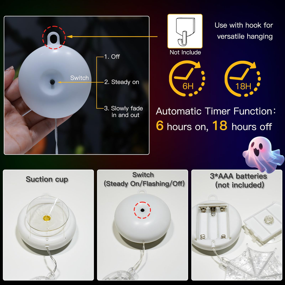 suddus 3 Pack Halloween Window Lights with Suction Cup- Battery Operated Lights Indoor with Timer - Orange Pumpkin, Purple Spider & White Ghost Decorations for Party, Room, Window, Door, Wall, Indoor