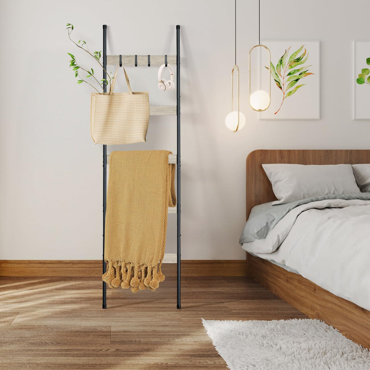 ELYKEN Blanket Ladder for Living Room, Farmhouse 5-Tier Quilt Holder with 4 Removable Hooks for Bathroom, Wood Towel Rack Display, Wall Anchor Leaning Decorative Stand for Home, White Oak