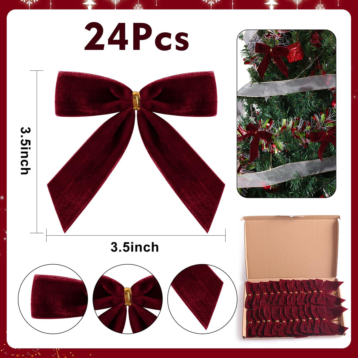 Utehilly 24 Pcs Burgundy Small Velvet Christmas Bows for Christmas Tree, Wreath, Gift Wrapping, Crafts, Wedding, Party, Twist Tie Bows for Treat Bag Bakery Candy Bags, Home Decor 1" W,3.5 x 3.5 inch