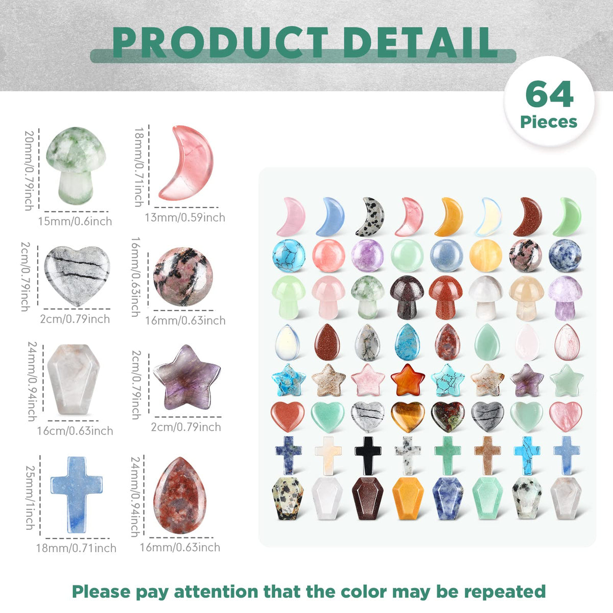 Nuenen 64 Pcs 0.8 Inch Mixed Hearted Crystal Worry Stone Gift Heart Shaped Healing Star Shape Moon Cross Coffin Gemstone Teardrop Palm Pocket Ball for Anxiety Stress Relief Gift Office Witchcraft