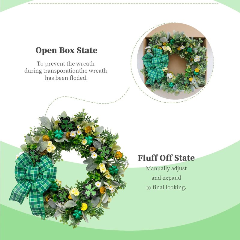 vivimemo St. Patrick's Day Wreath 20-inch Green Four-Leaf Clover Irish Day Wreath St. Patrick's Day Holiday Decoration Front Porch Party Spring Yard Decoration