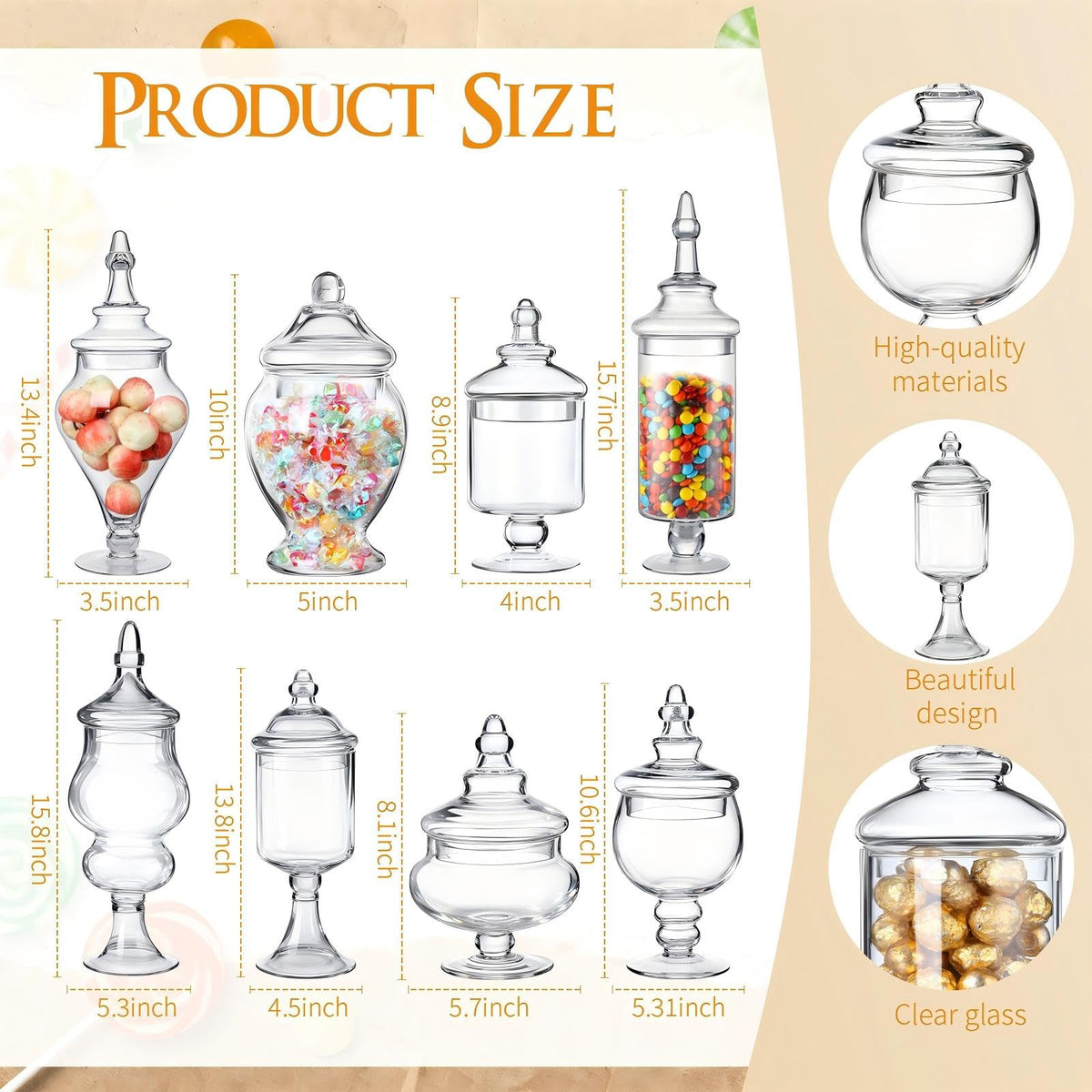 Mimorou 8 Set Glass Apothecary Jars with Lids and Plastic Scoops, Large Clear Candy Buffet Jars Decorative Storage Canisters Set Table Containers for Candy Bar Wedding Kitchen Bathroom(Various Glass)