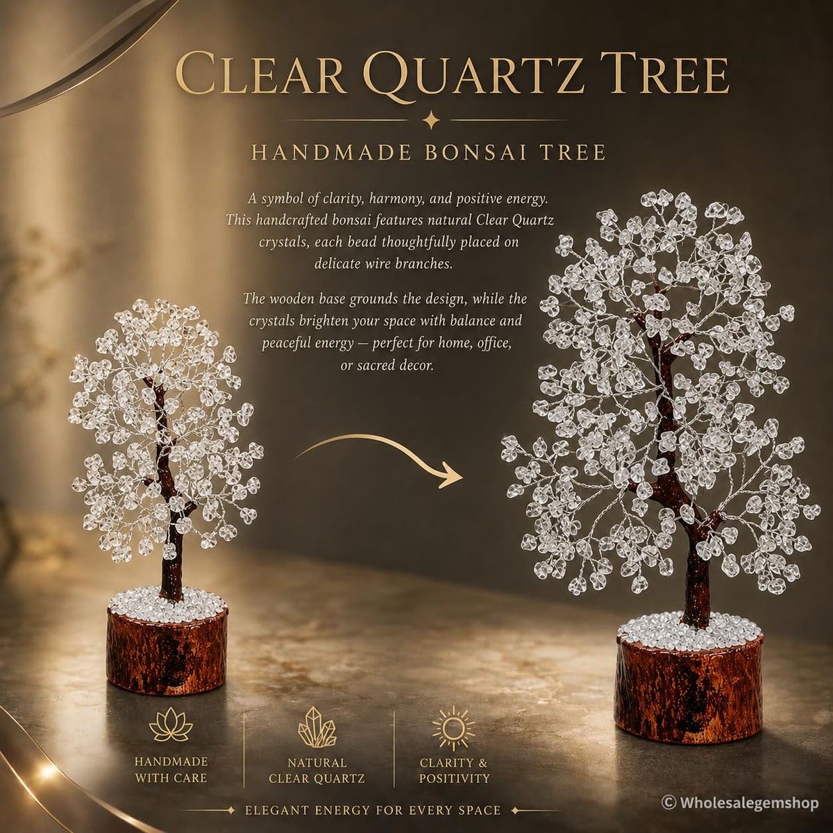 Gemscite Gemstone Clear Quartz Tree Size 10-12" Handmade Feng Shui Figurine Money Bonsai Good Luck Healing Crystals - Silver Wire Balancing Decoration Table Room Decor Gift