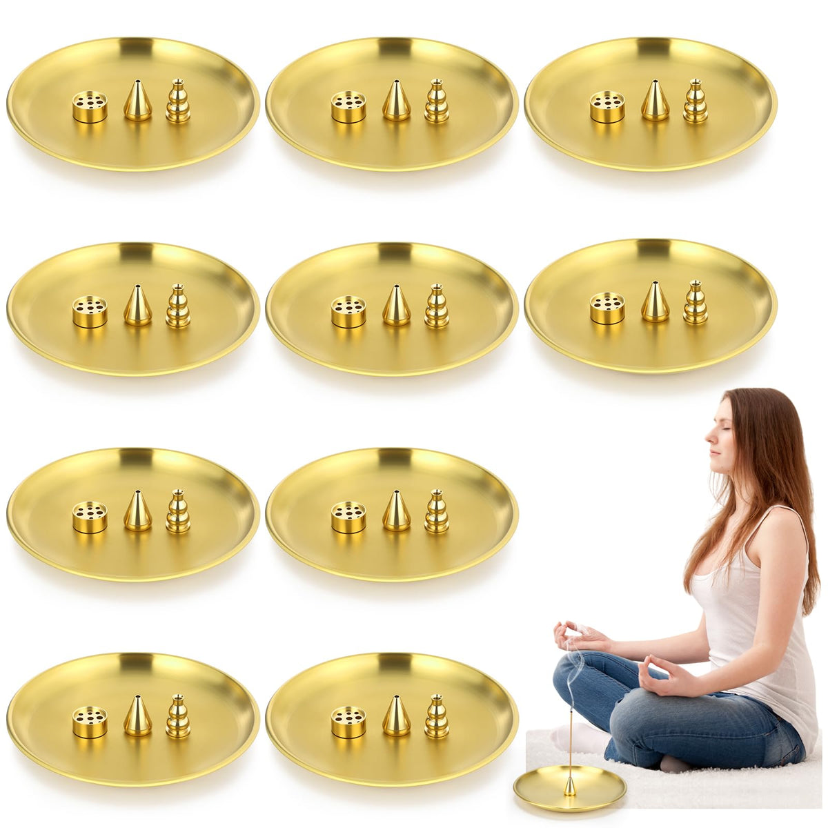 Baderke 12 Set 4 in 1 Incense Burner 5.5 Inch Brass Incense Holder for Sticks Coil Cones Brass Ash Catcher for Meditation Yoga Room, Home Fragrance Decoration