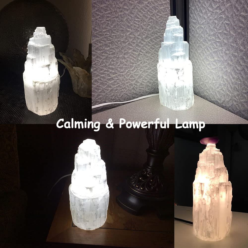 JIC Gem Natural Selenite Lamp 8" White Selenite Crystal Rock Tower Lamp with Switch Cord and LED Bulb