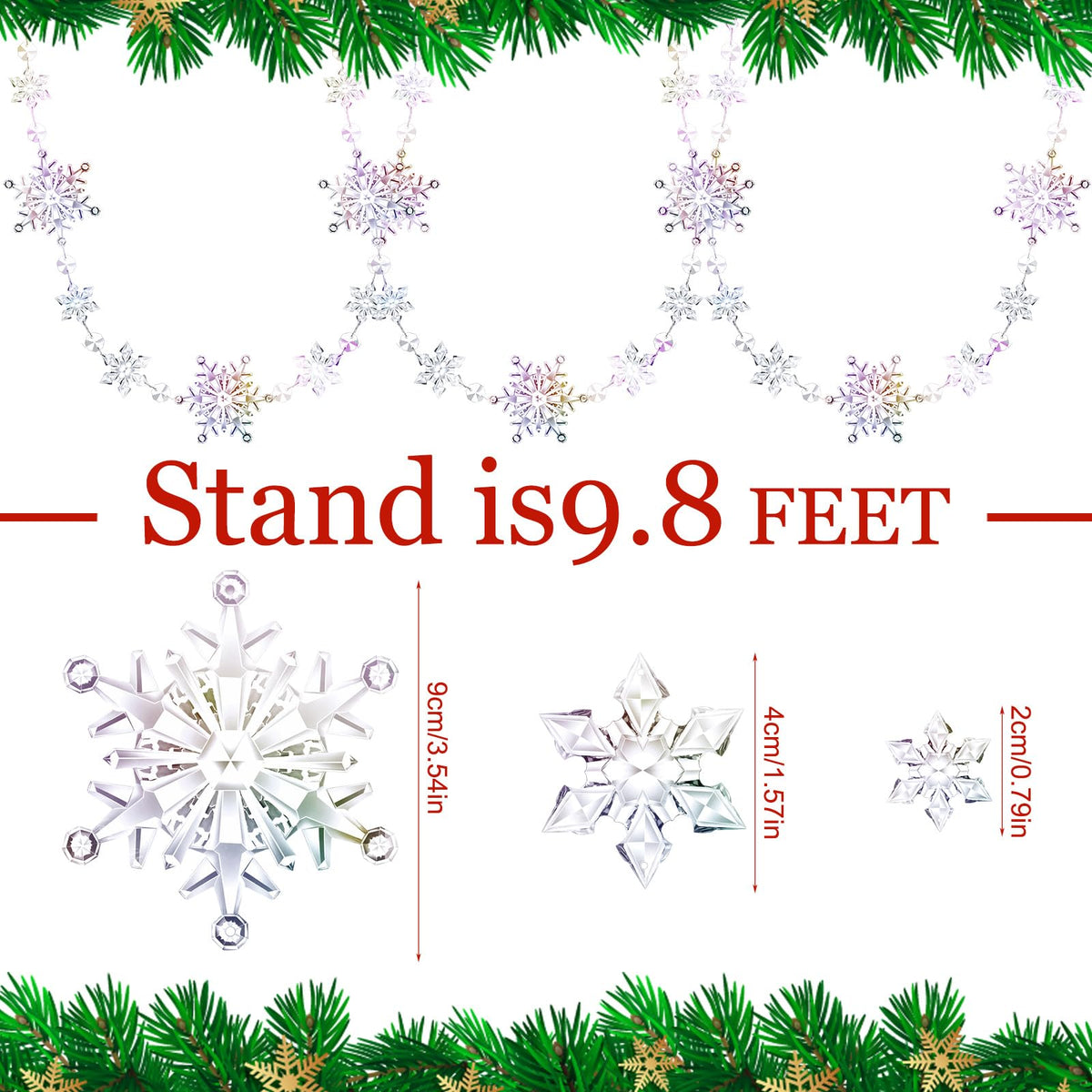 Gerrii 19.6 Feet Christmas Snowflake Tree Garland Acrylic Snow Flake Garland Iridescent Christmas Ornaments 2 Pcs Hanging Crystal Wreath for Xmas Tree Mantel Curtains, 9.8 Ft/Each