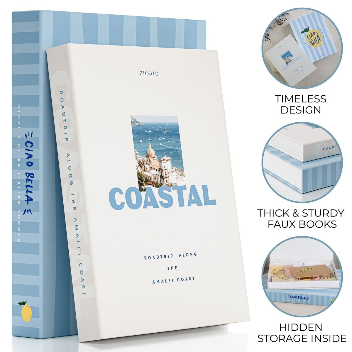 Beautiful Decorative Books - Set of 2 Coastal Room Decor Boxes Enhance Any Coffee Table, Bookshelf or Mantel Shelf - Aesthetic Fake/Faux Books for Modern Home Decoration, Photo Storage/Keepsake Box