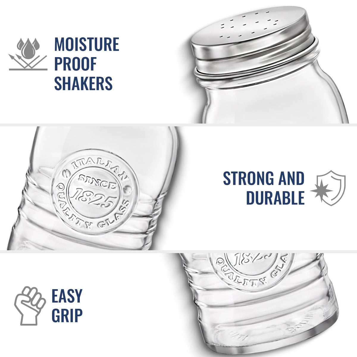 Bormioli Rocco Officina 1825 Salt & Pepper Jars Set of 2-8 Oz. Ribbed Glass Containers with Airtight Metal Lids for Seasoning, Cooking & Dining Table Use - Italian Glass Storage Design