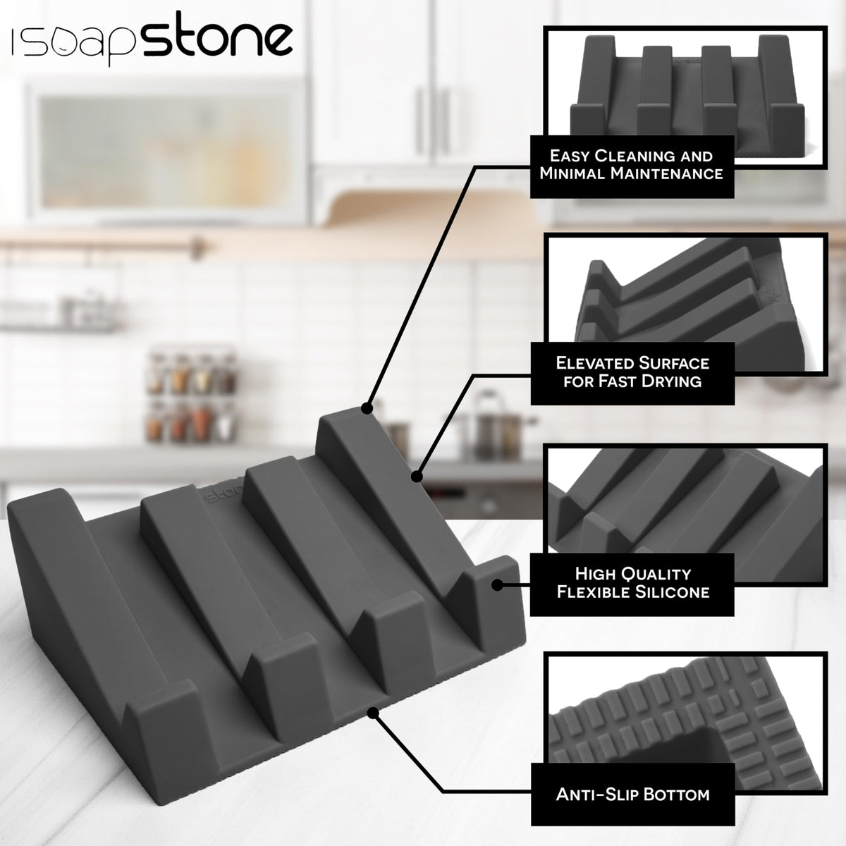 iSoapStone Silicone Soap Dish (USA Patented) Self Draining Bar Soap Holder for Shower Bathroom Sink, Drying Soap Dish Tray Kitchen Sponge Holder Easy Cleaning Soap Saver Mat (Dark Grey, 1)